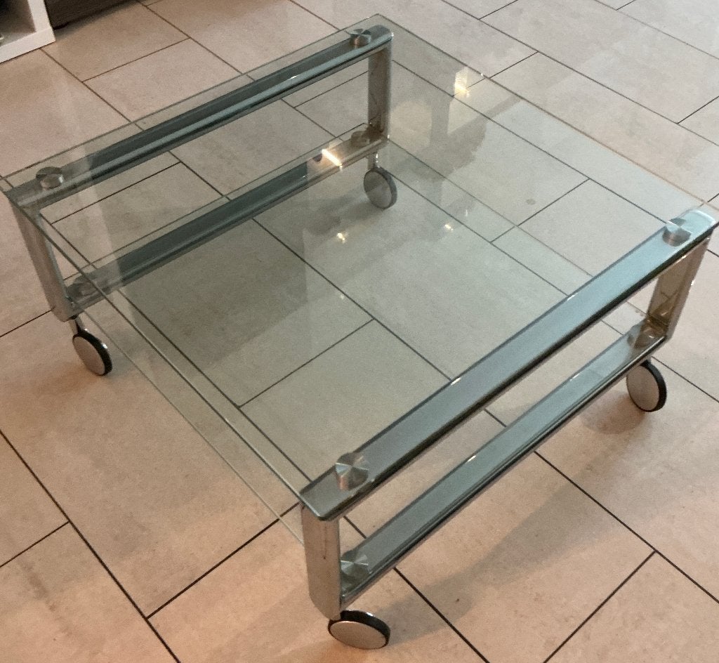 Vintage design (Italiaans) 70/80 salontafel glas verrijdbaar, Ophalen, Gebruikt, 50 tot 100 cm, Vintage space age minimalisme