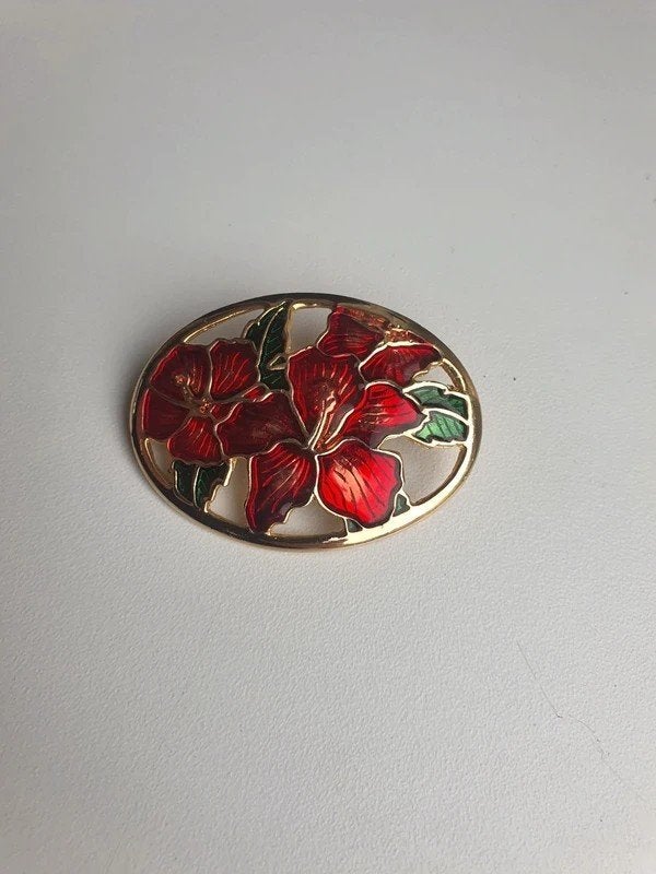 Vintage Cloisonné Broche Rode Bloemen Goudkleurig Emaille, Sieraden, Tassen en Uiterlijk, Ophalen of Verzenden, Zo goed als nieuw