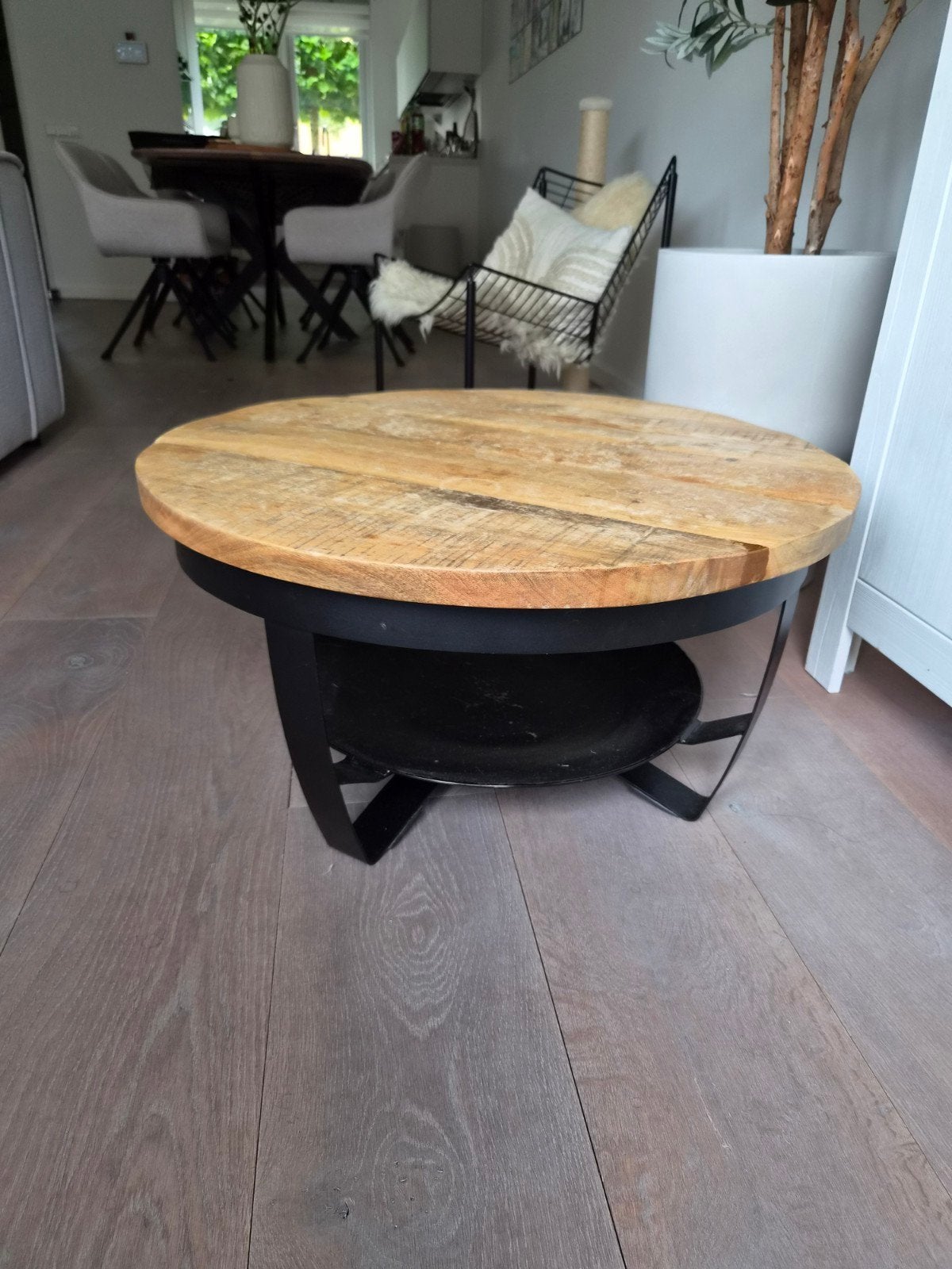 Ronde salontafel met mangohouten blad, 70 cm, Gebruikt, 50 tot 100 cm, Industrieel, Landelijk, Rond