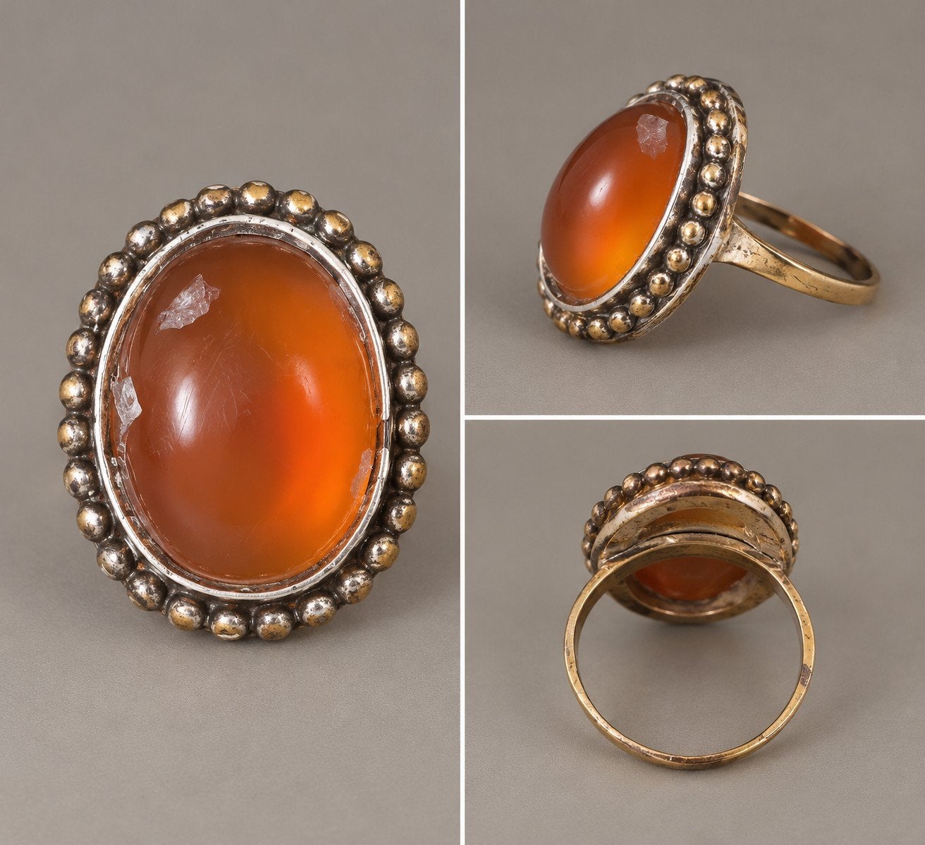 Vintage ring met grote oranje steen en bolletjesrand, Ophalen of Verzenden, Goud, Dame