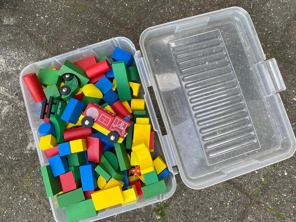 Gekleurde houten blokken in opbergbox, Ophalen of Verzenden, Gebruikt, Overige merken