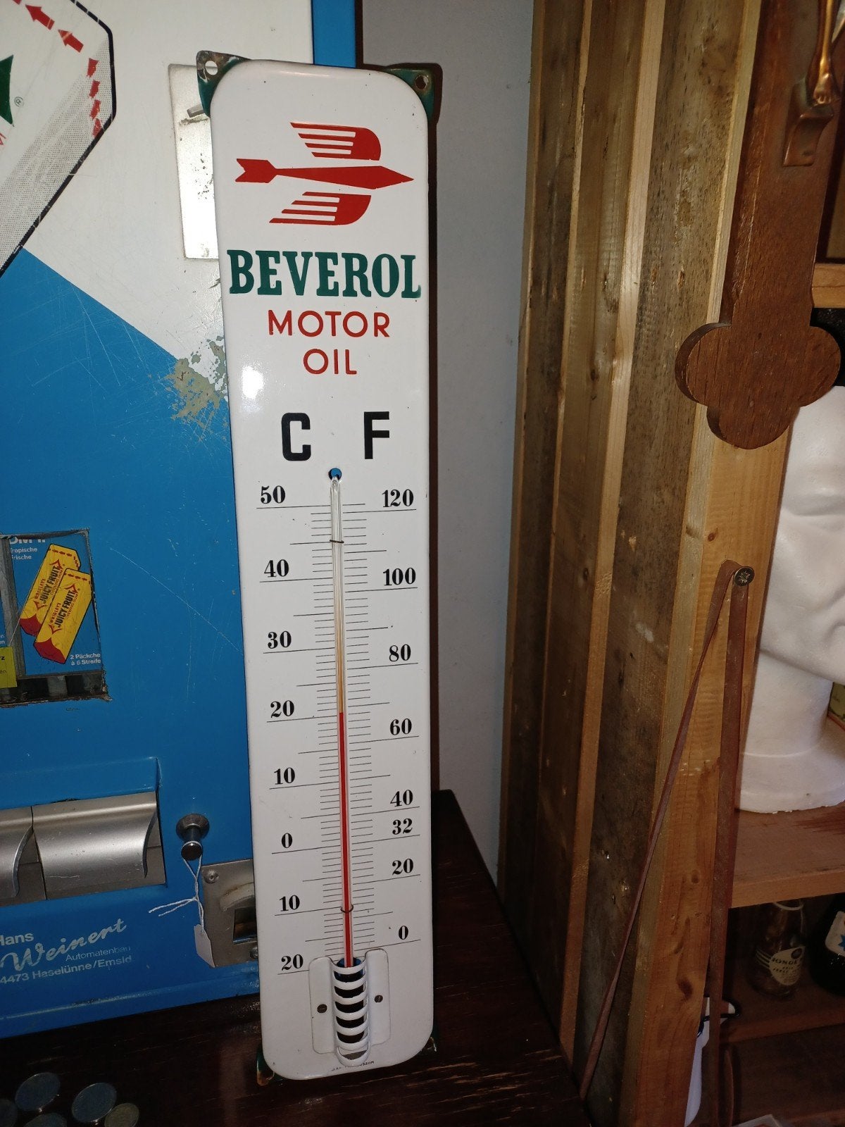 emaille thermometer Beverol Motoroil reclamebord, Ophalen, Zo goed als nieuw, Reclamebord