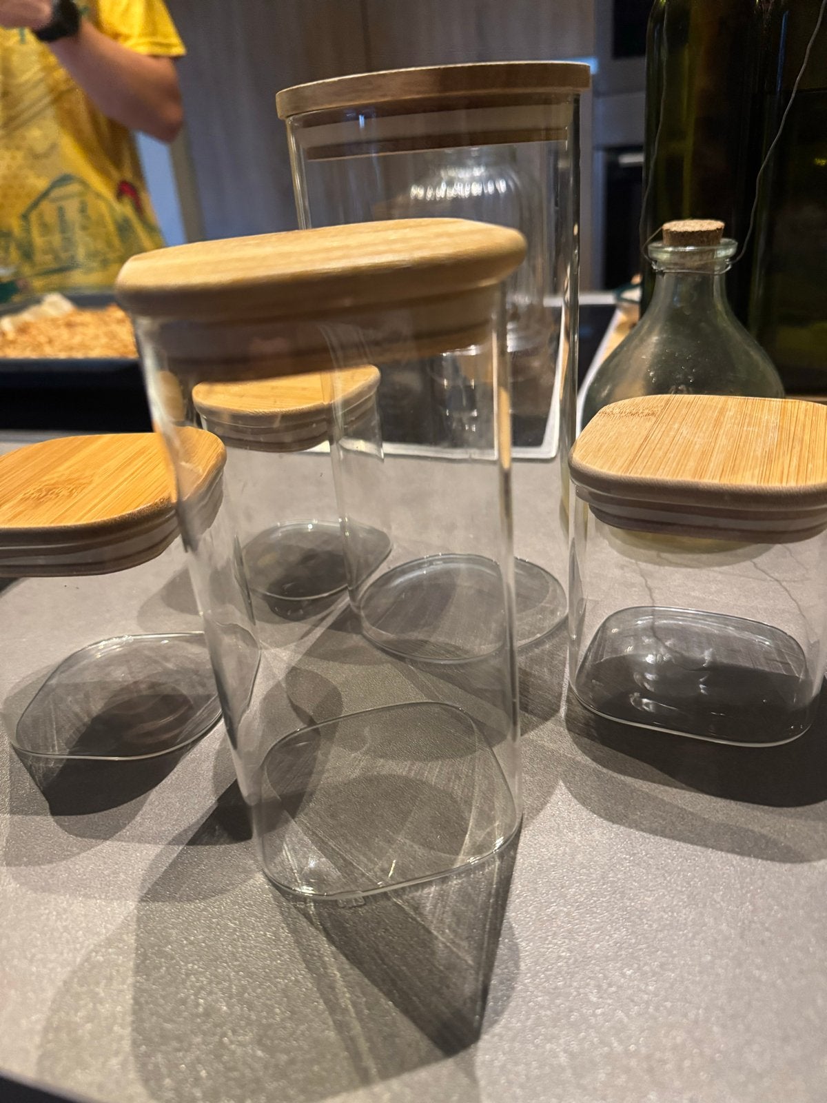 Glazen voorraadpotten met bamboe deksel - diverse maten, Voorraadpot, Ophalen, Gebruikt, Glas