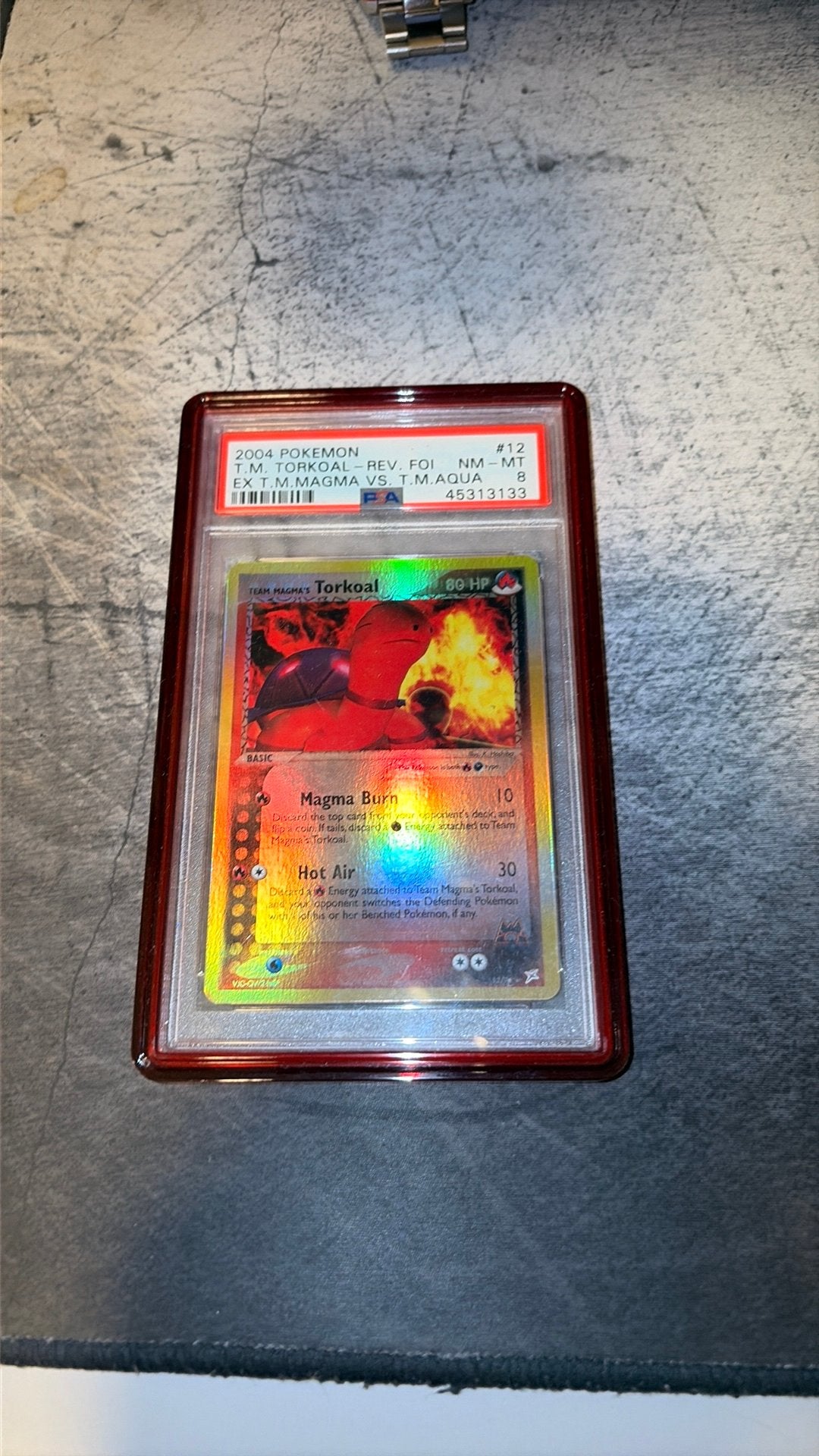 Torkoal rev.foil magma vs aqua psa8 pop20, Ophalen of Verzenden, Zo goed als nieuw, Foil