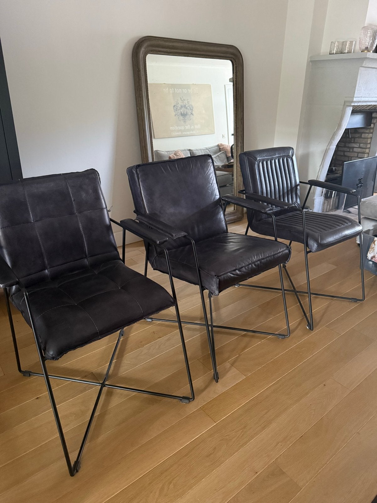 Leren eetkamerstoelen met metalen frame - 3 stuks, Ophalen, Gebruikt, Drie, Zwart