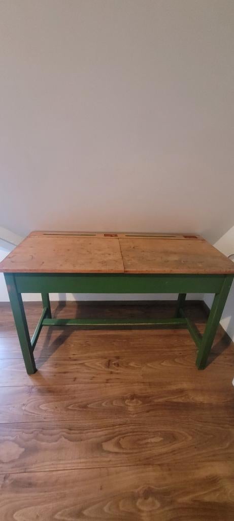 Vintage houten schoolbankje met groen onderstel, Antiek en Kunst, Ophalen