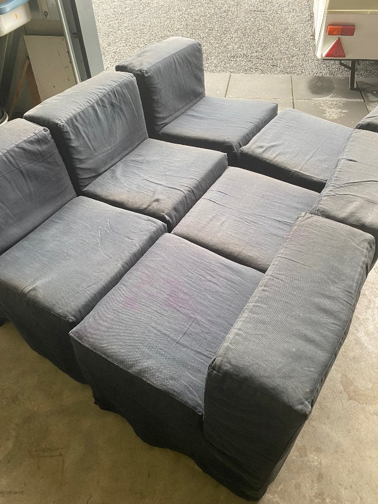 6 stoelen en 1 bank van Linteloo model DWI blauw/bruin, Ophalen, Gebruikt, Linteloo, Blauw