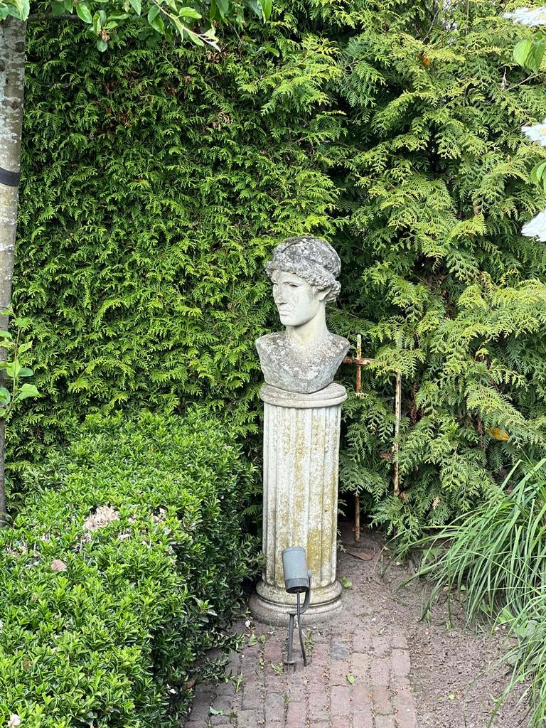 Klassiek Tuinbeeld Buste op Sokkel - Grijs Steen, Ophalen, Gebruikt, Beton, Mensenbeeld