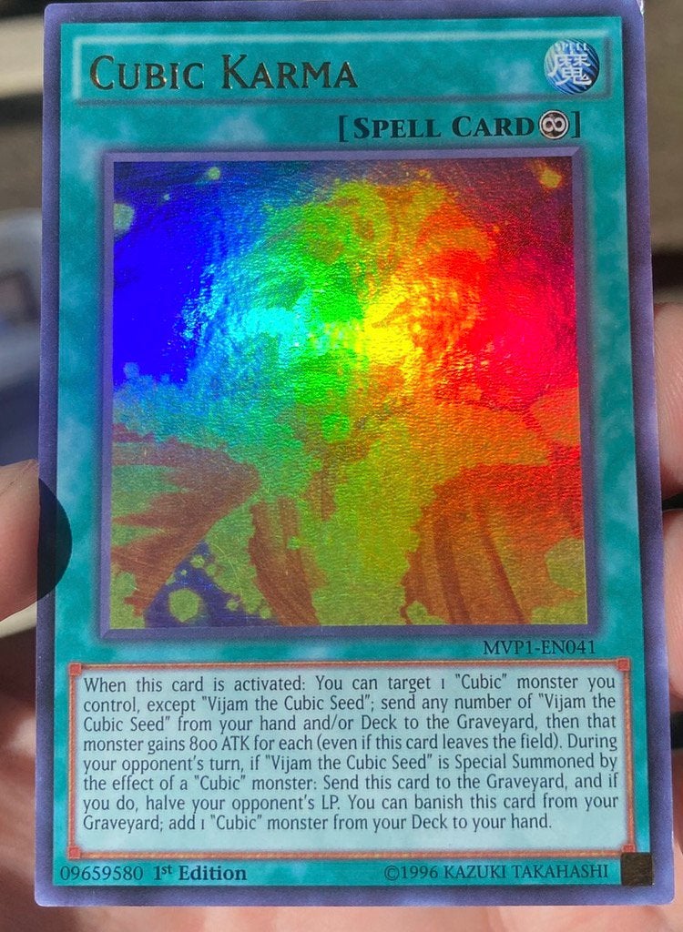 Yu-Gi-Oh! Cubic Karma MVP1 1st Edition !, Ophalen of Verzenden, Zo goed als nieuw, Losse kaart, Foil