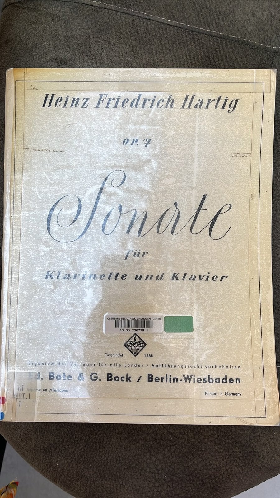 Heinz Friedrich Hartig - Sonate voor Klarinet en Piano, Gebruikt, Klassiek, Ophalen of Verzenden, Klarinet