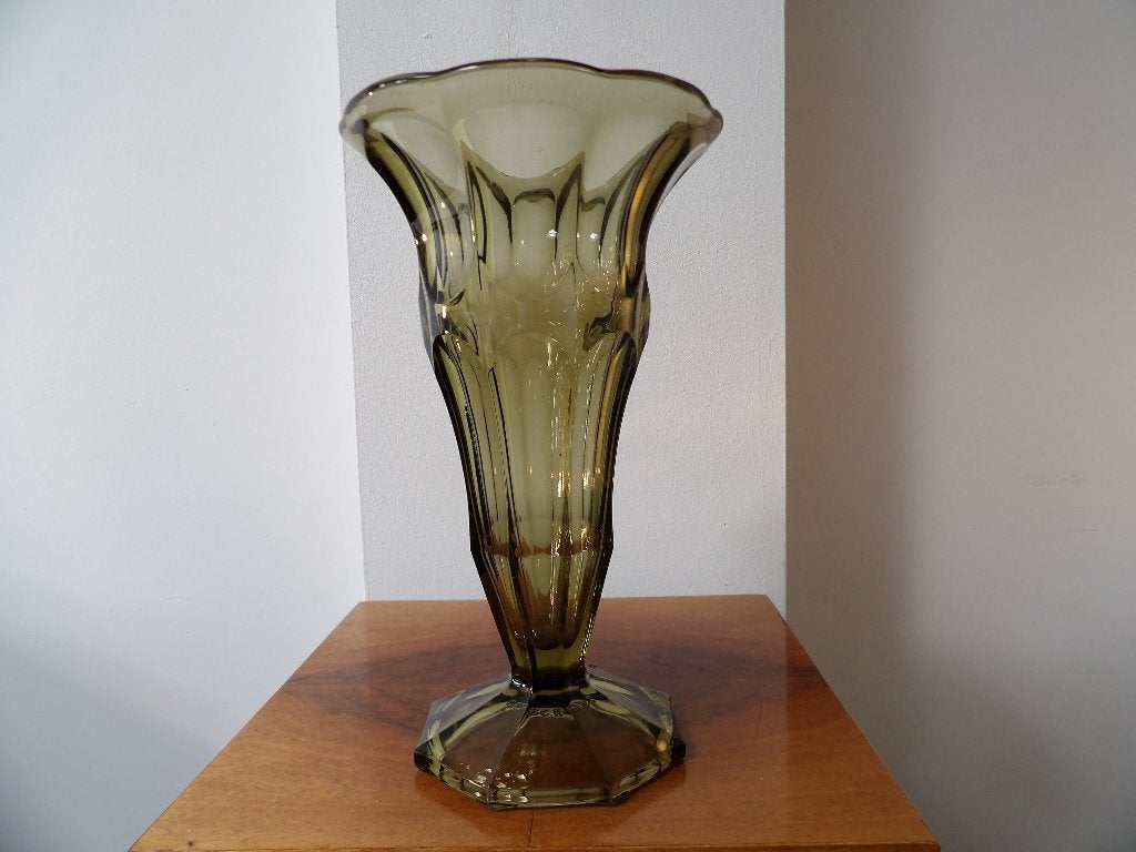 Art Deco Vaas Boheems/SKLO Kristal Glas Fumee 25.5cm, Ophalen of Verzenden