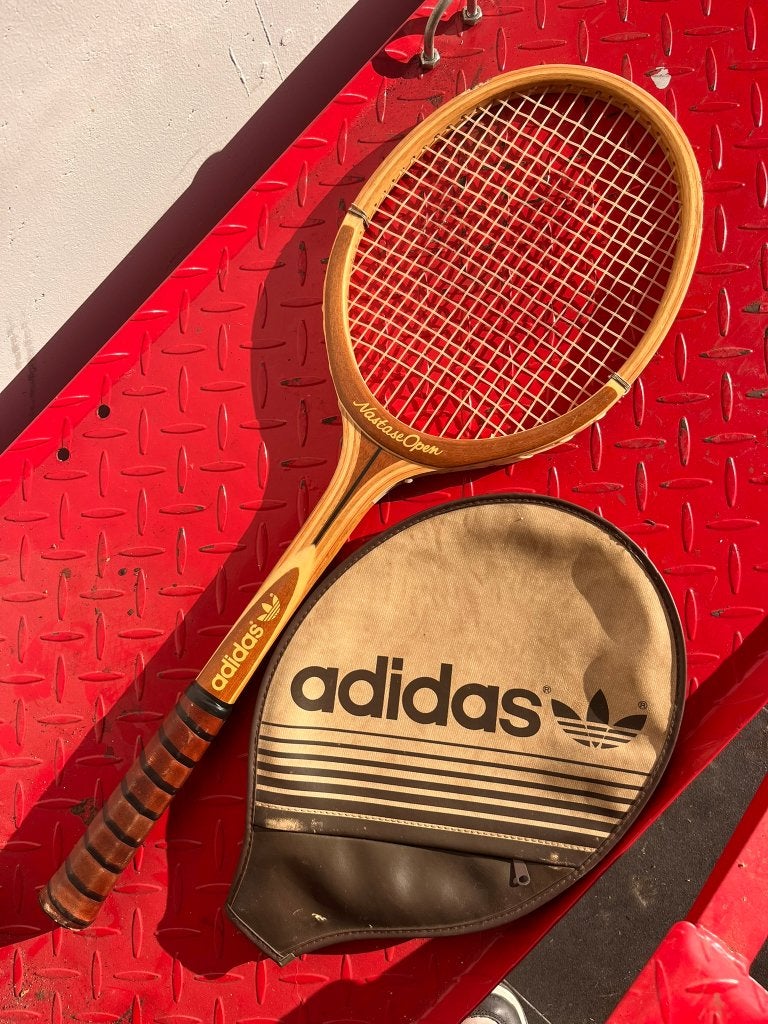 Vintage houten tennisracket Adidas Nastase Open (incl. hoes), Adidas, Ophalen of Verzenden, Zo goed als nieuw, Racket