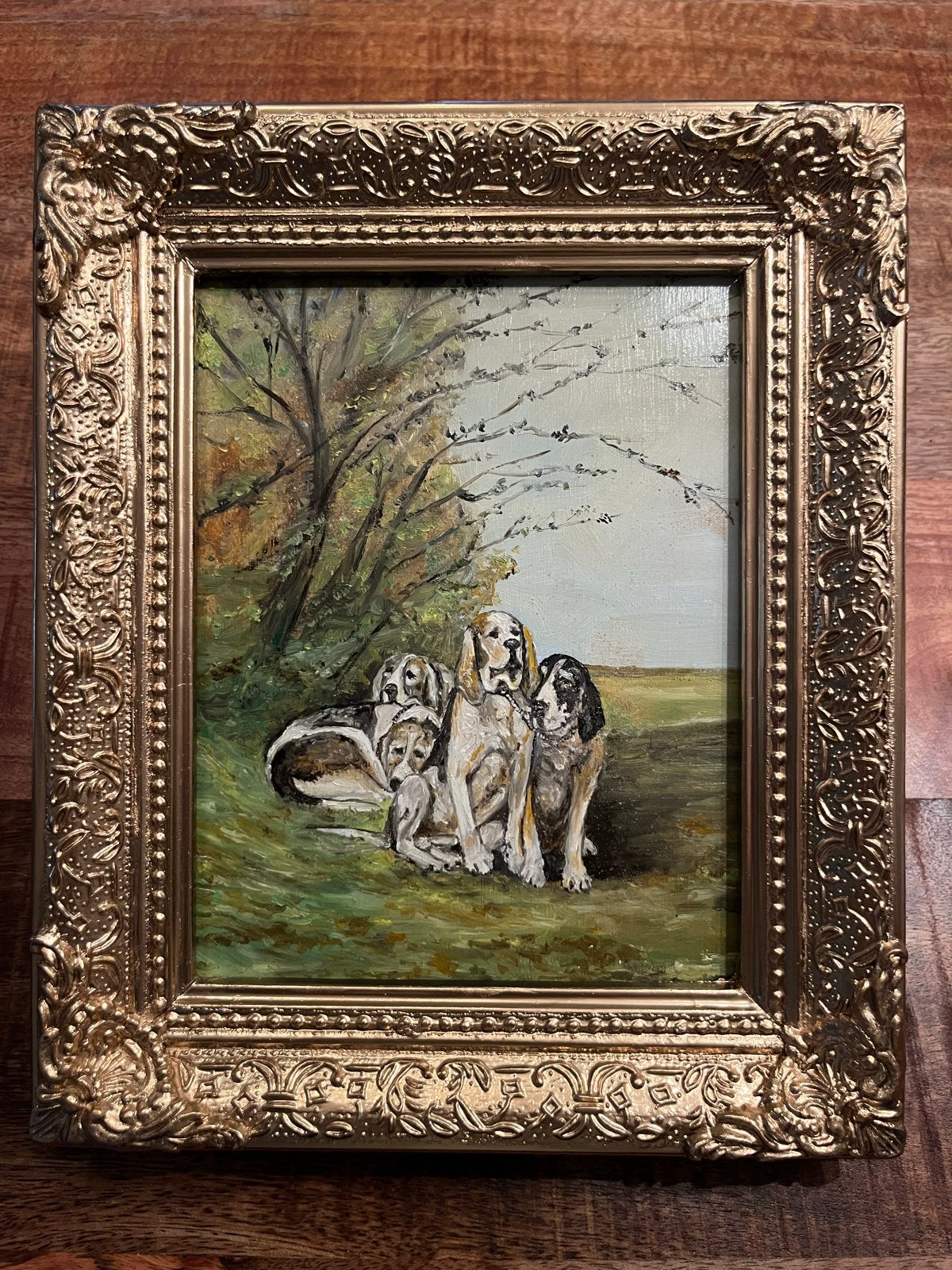 Olieverfschilderij: Groep honden in Landschap, Antiek en Kunst, Kunst | Schilderijen | Klassiek, Ophalen, Paneel, Realistisch