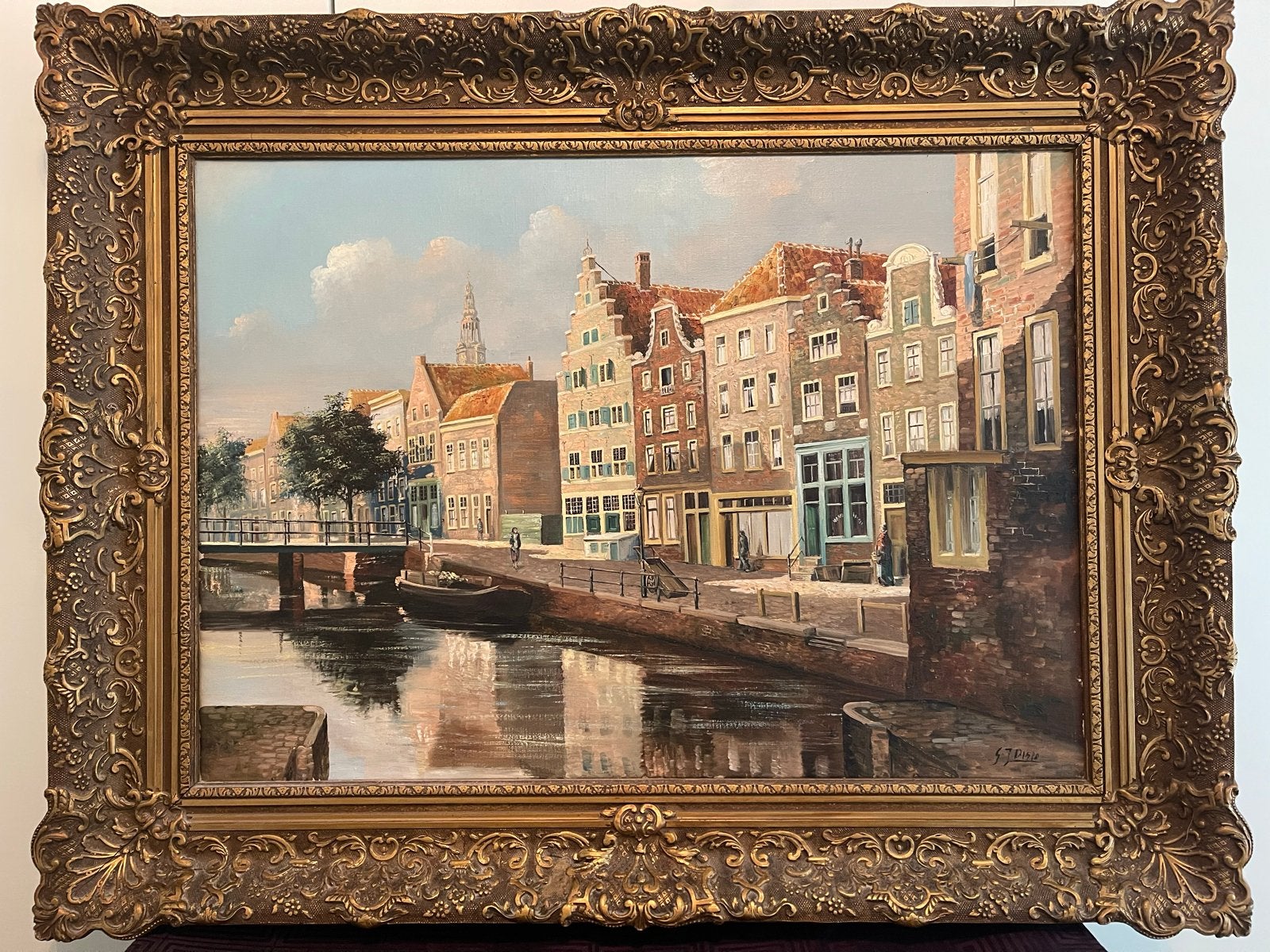 Schilderij Grachtgezicht Amsterdam, Olieverf op doek, Gesign, Doek, Realistisch, Ophalen of Verzenden, Gesigneerd