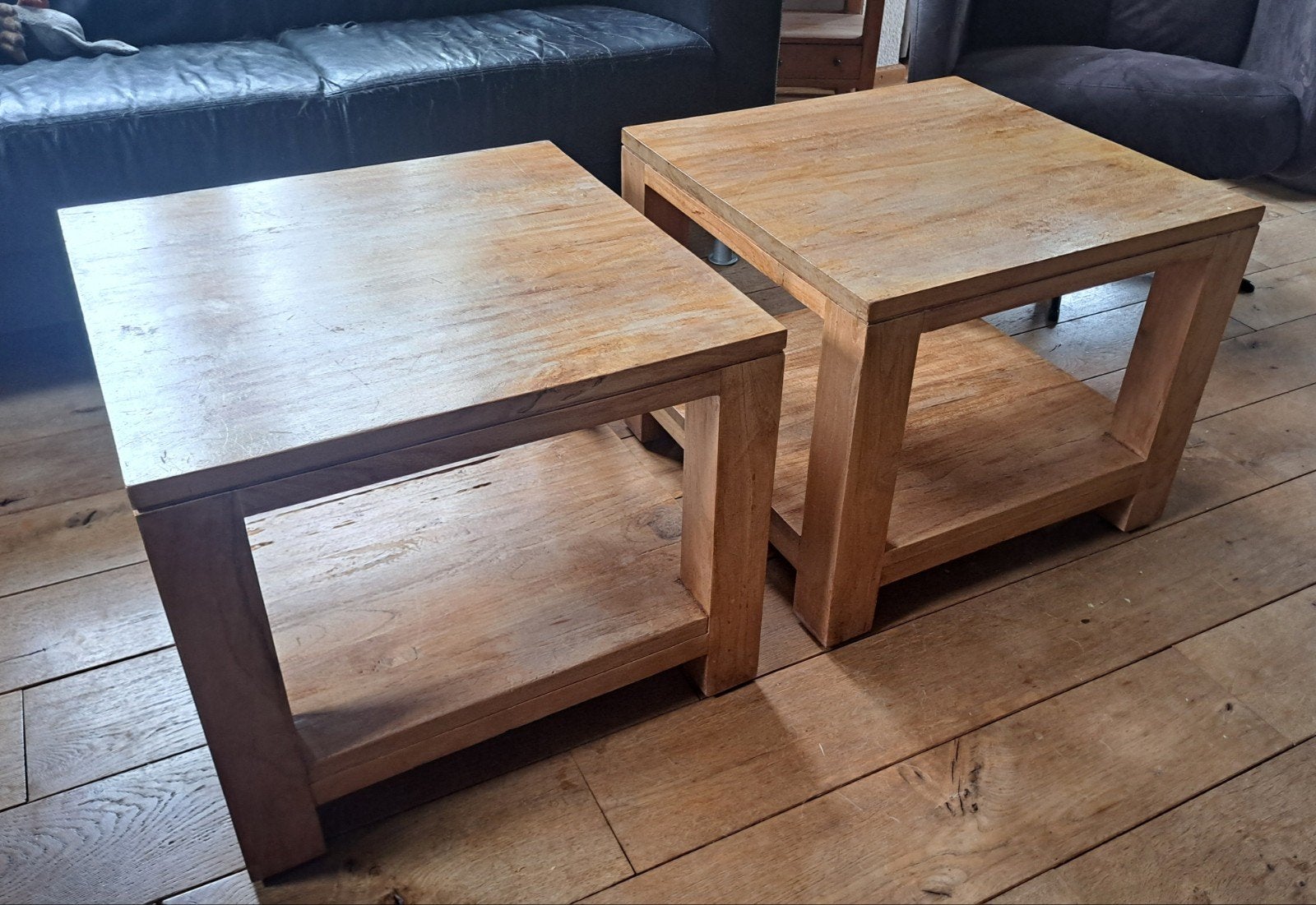 Set van 2 houten salontafels teak, Gebruikt, Vierkant, 55 tot 75 cm, Hout