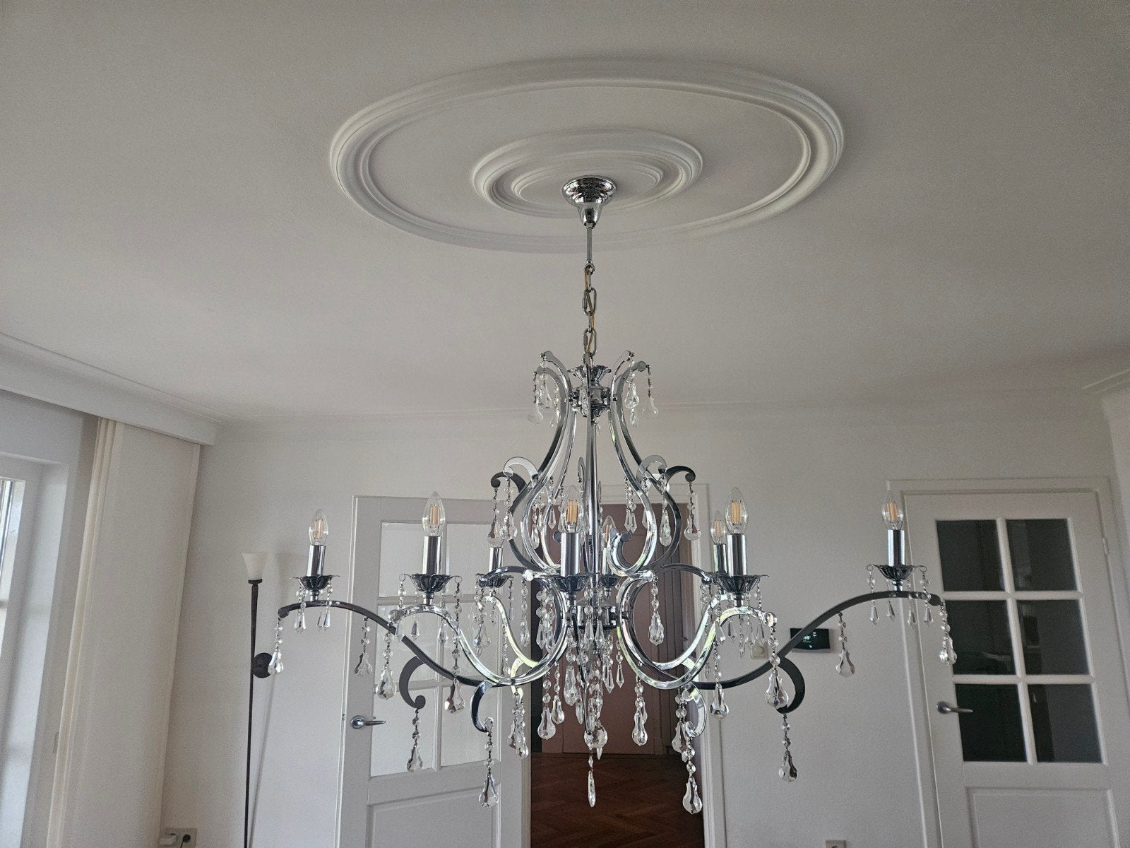 Prachtige Kroonluchter met glazen hangertjes 8 Lichtpunten, Huis en Inrichting, Ophalen, E14 (klein), Zo goed als nieuw, Klassiek, Modern, Glamour