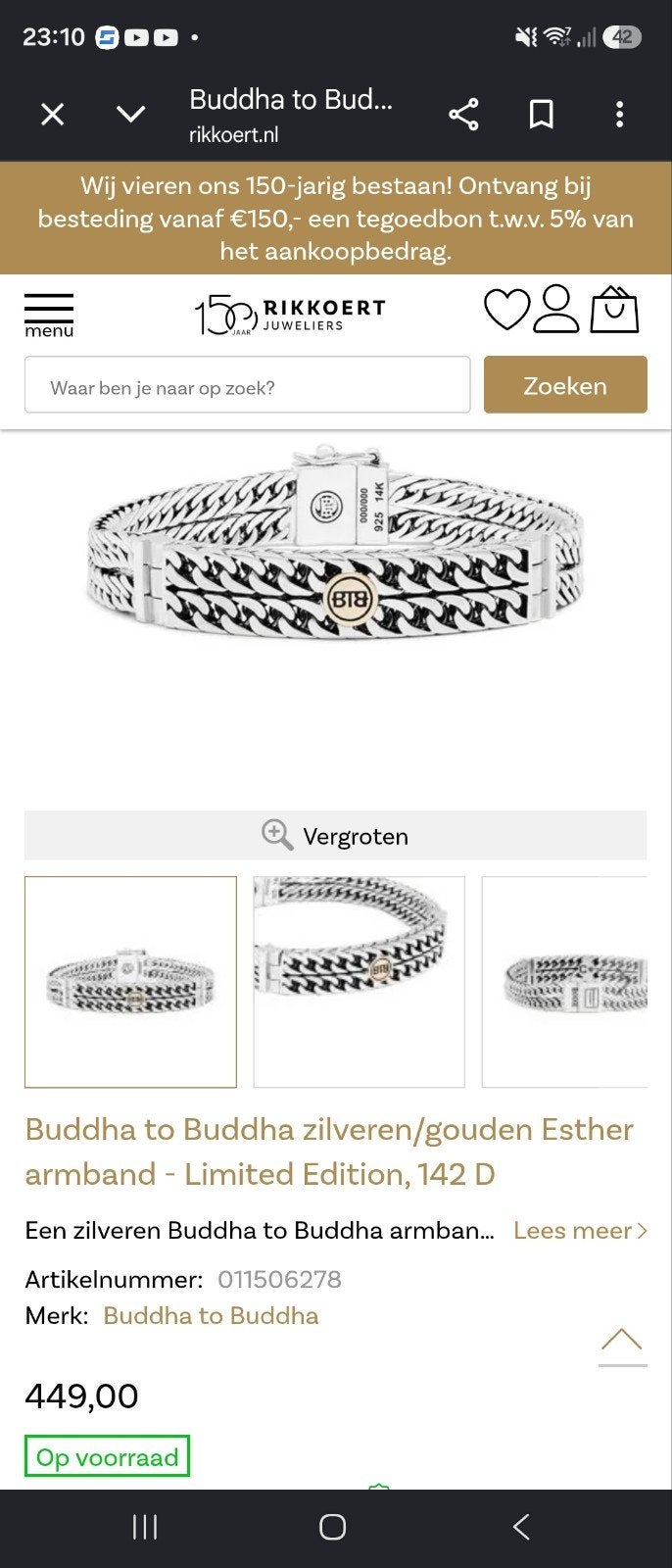 Buddha to Buddha Esther armband zilver/goud Limited Edition, Ophalen of Verzenden, Zo goed als nieuw, Goud, Zilver