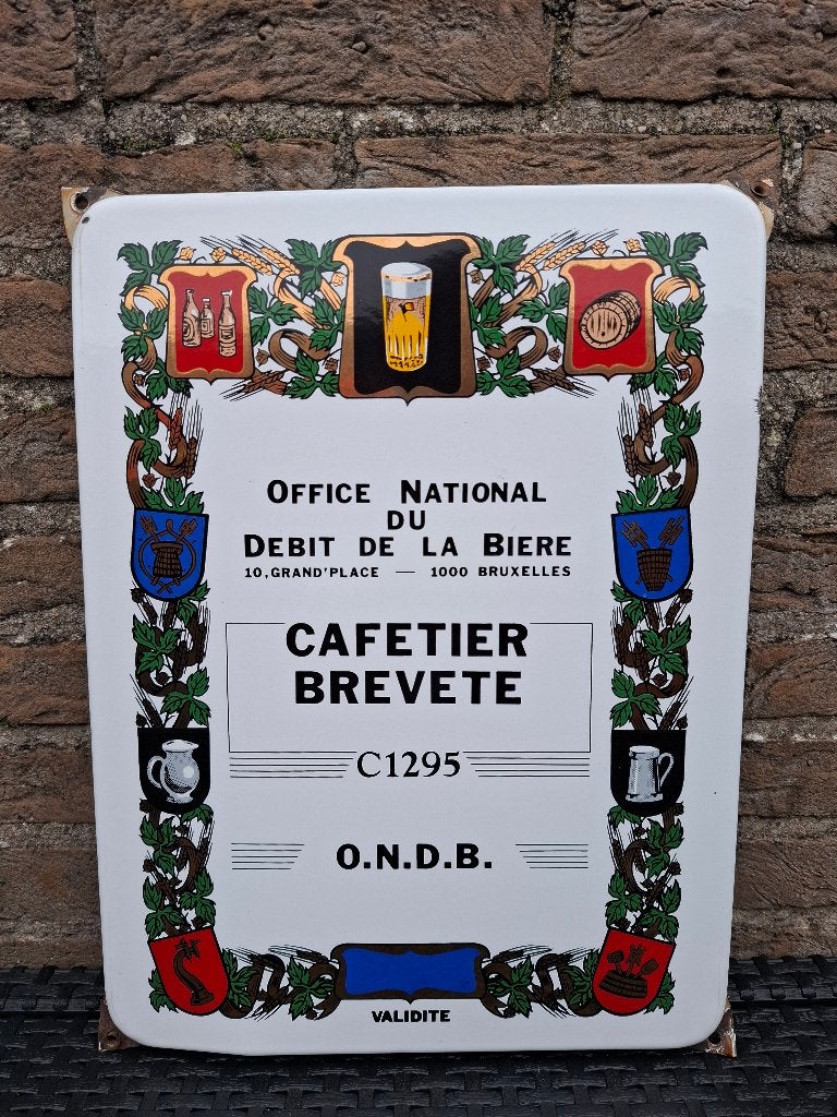 Origineel emaillebord brevet cafetier (emaillerie belge), Ophalen of Verzenden, Nieuw, Reclamebord, Plaat of Schild, Overige merken