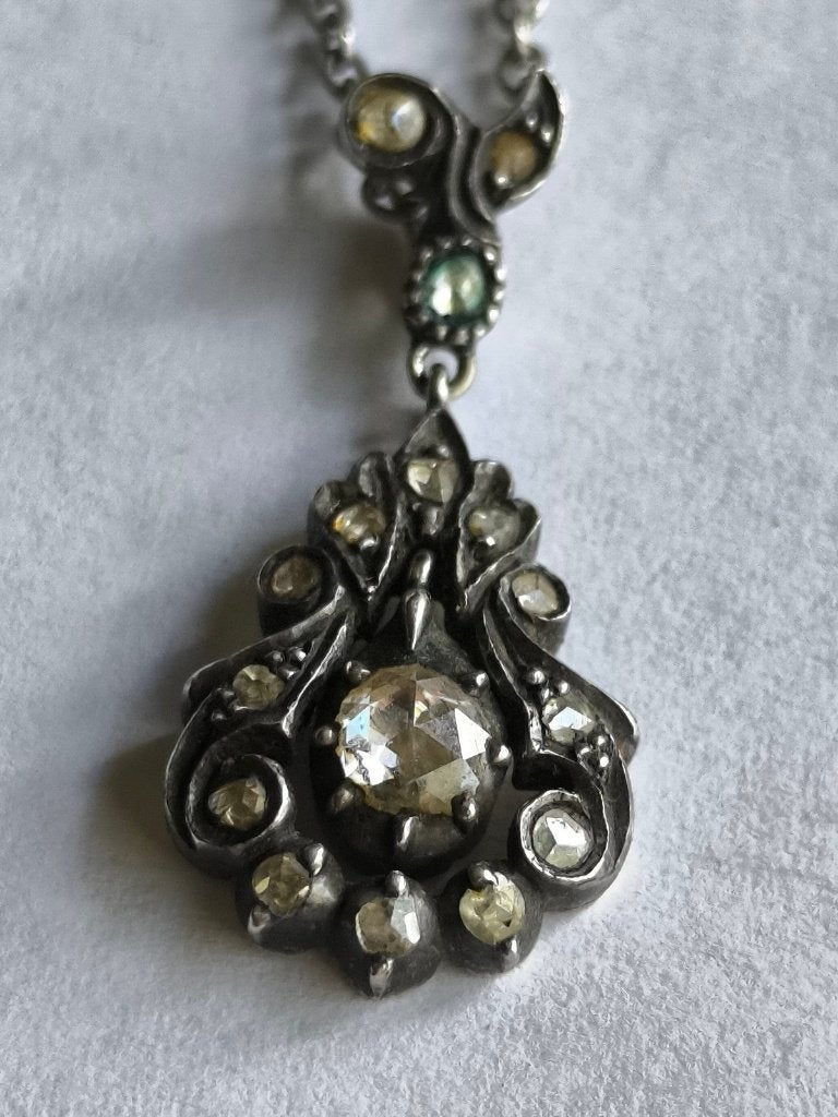 ANTIEKE HANGER GOUD EN ZILVER m. ROOSDIAMANTEN 19e EEUW, Gebruikt, Overige voorstellingen, Verzenden, Met edelsteen