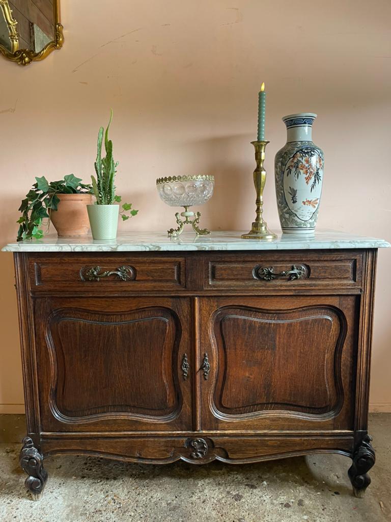 Schitterende Franse vintage commode wit marmeren blad, Ophalen, Gebruikt