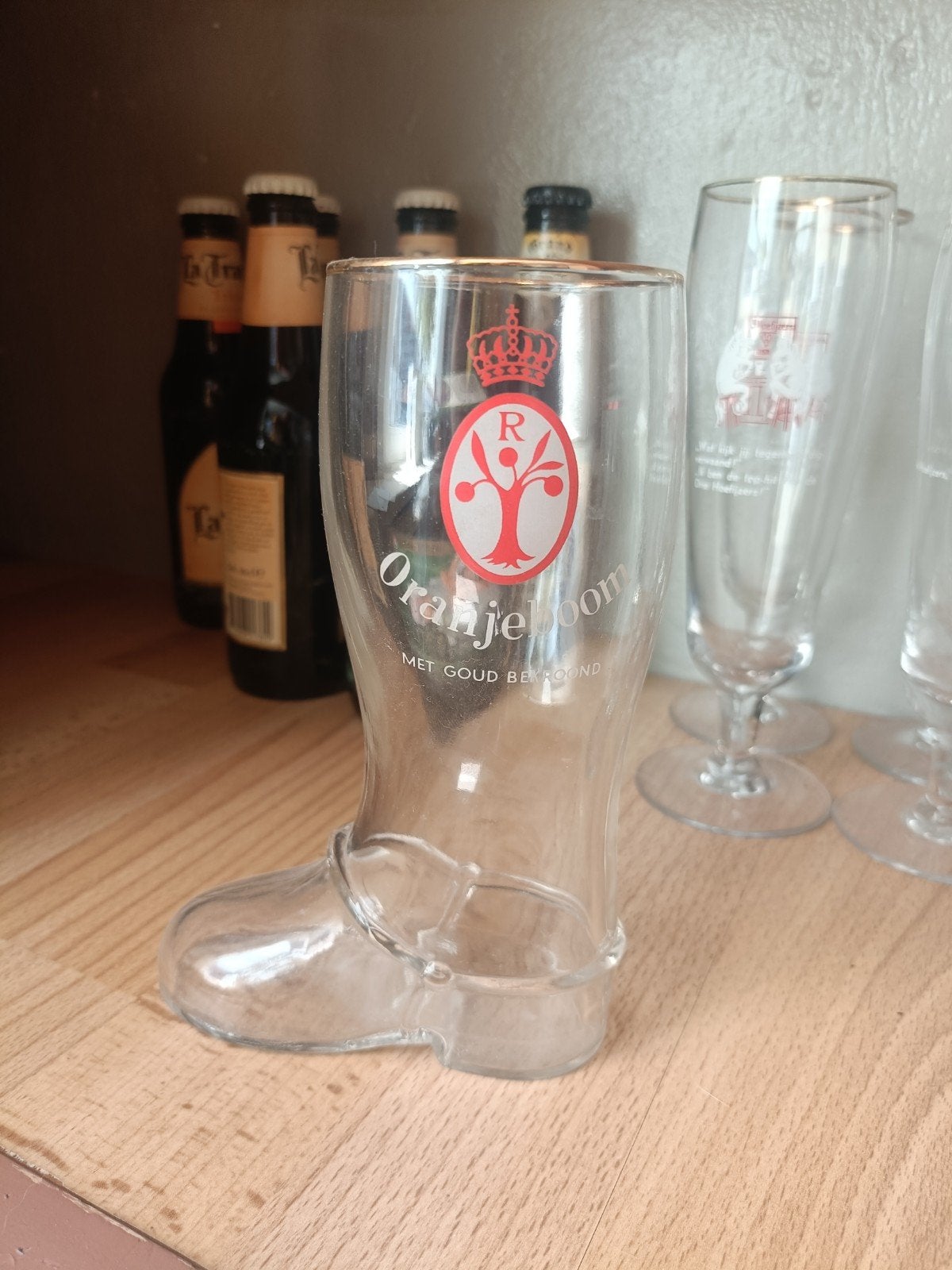 Oranjeboom Laarsje Bierglas - Uniek en Decoratief, Ophalen of Verzenden, Gebruikt, Glas, Vintage