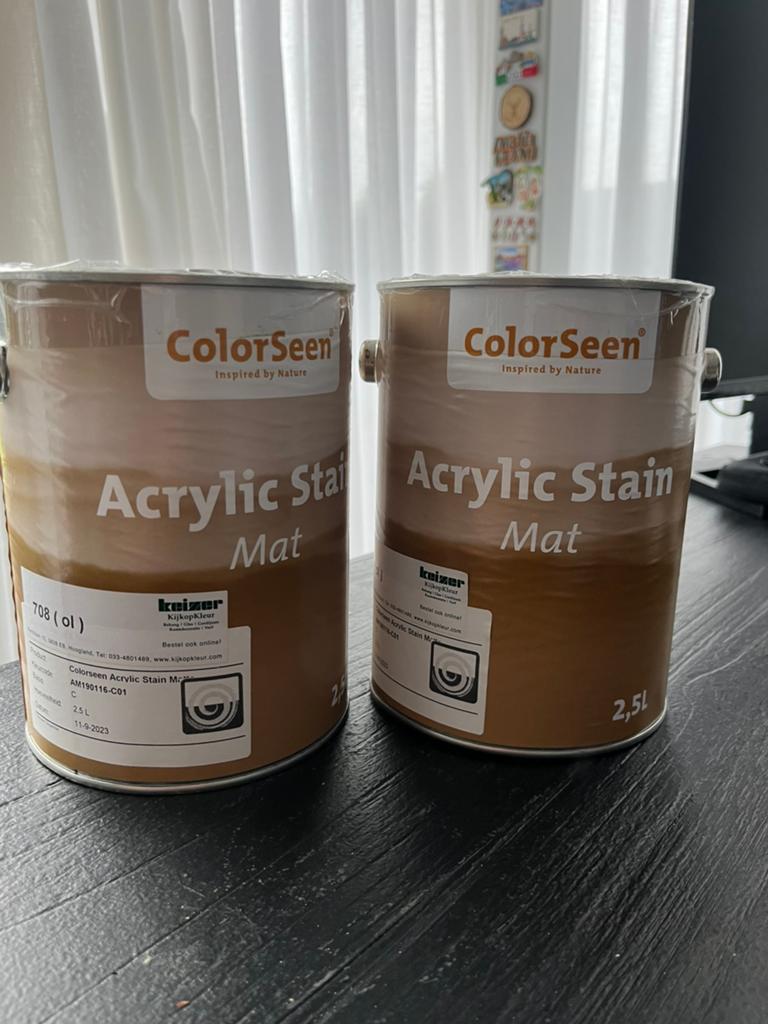 2x 2.5 Liter Colorseen Acrylic Stain/Beits Bankirai NIEUW!, Ophalen of Verzenden, Nieuw, Beits