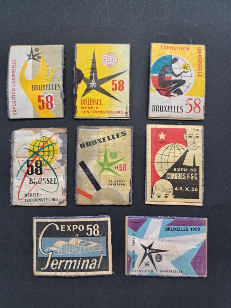 8 luciferdoosjes Wereldtentoonstelling Brussel 1958, Ophalen of Verzenden