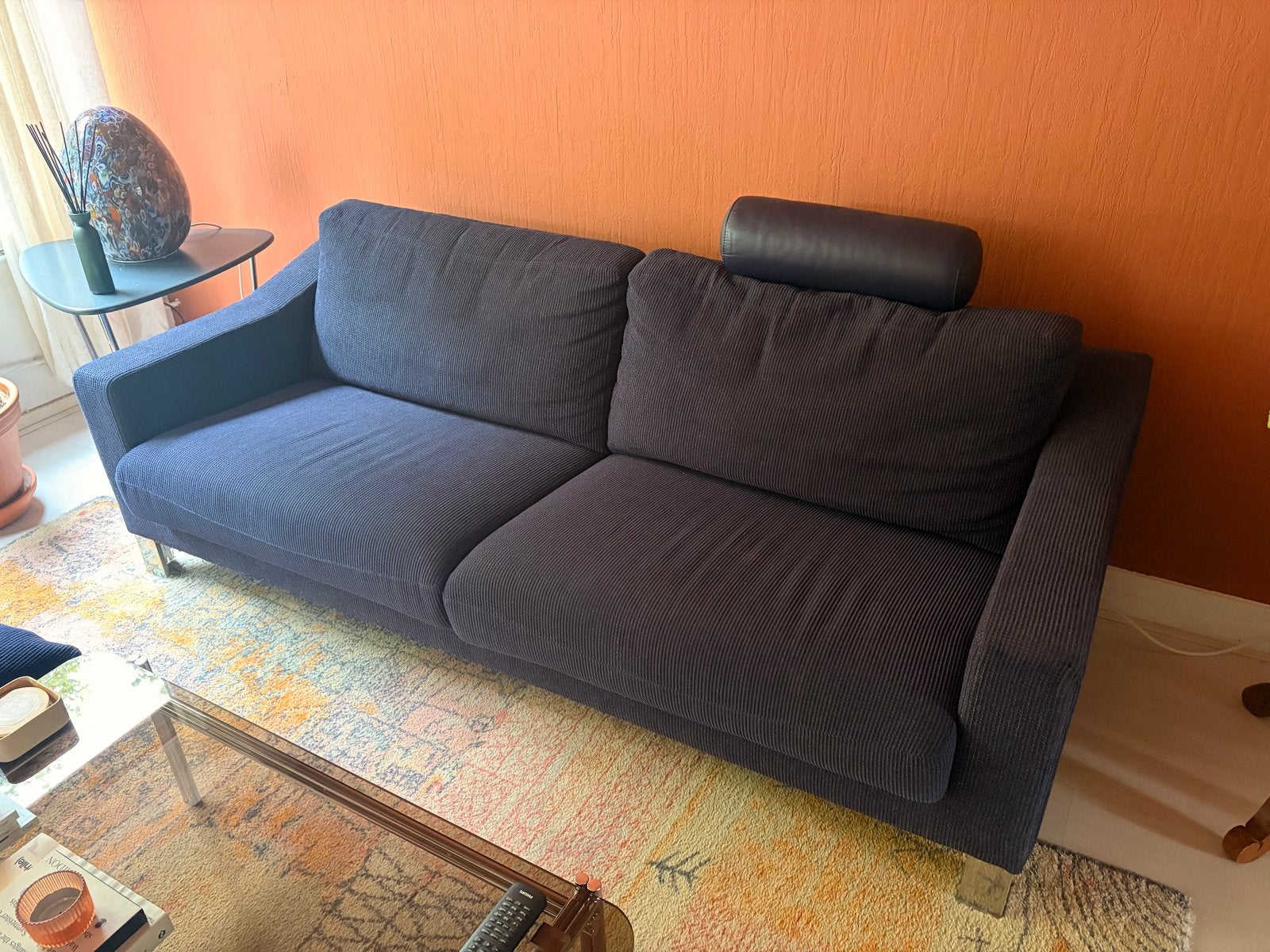 Donkerblauwe Leolux bank - 2,5 tot 3 zits, Ophalen, Gebruikt, Driepersoons, 75 tot 100 cm