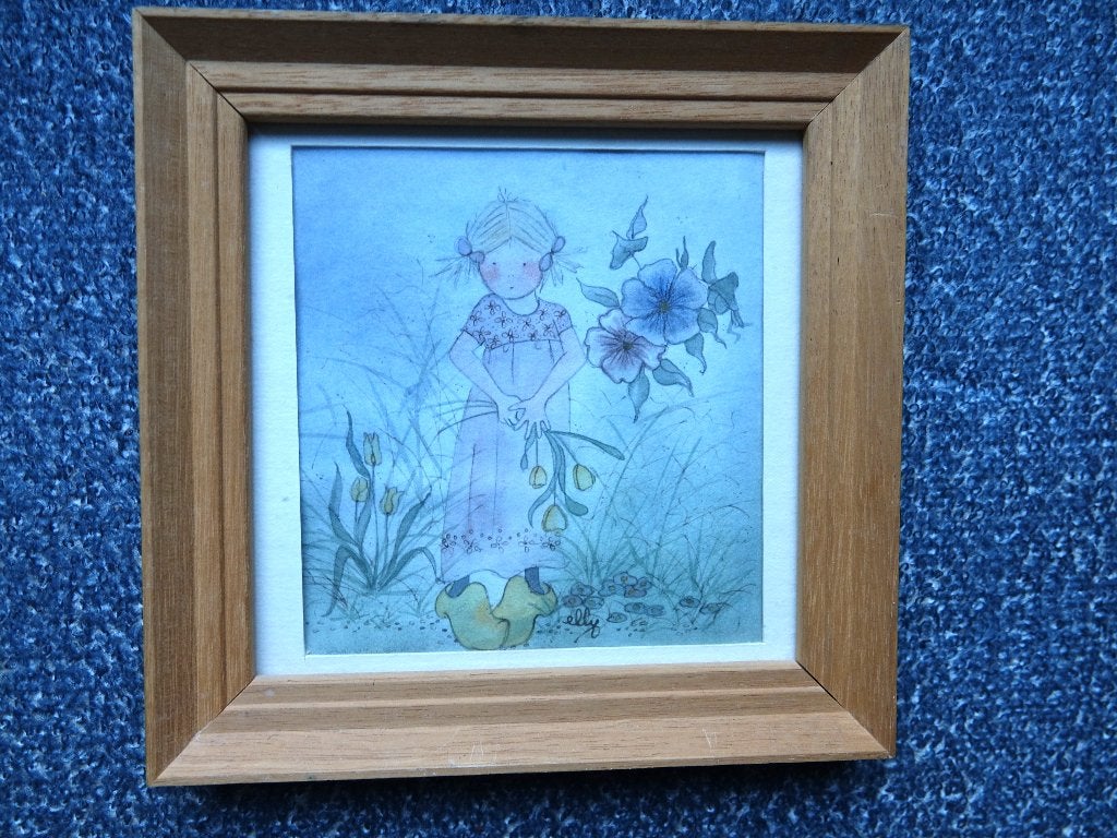 Aquarel Elly Westerop ‘meisje met tulpen’, Aquarel, Passe-partout, Papier/karton, Ophalen of Verzenden