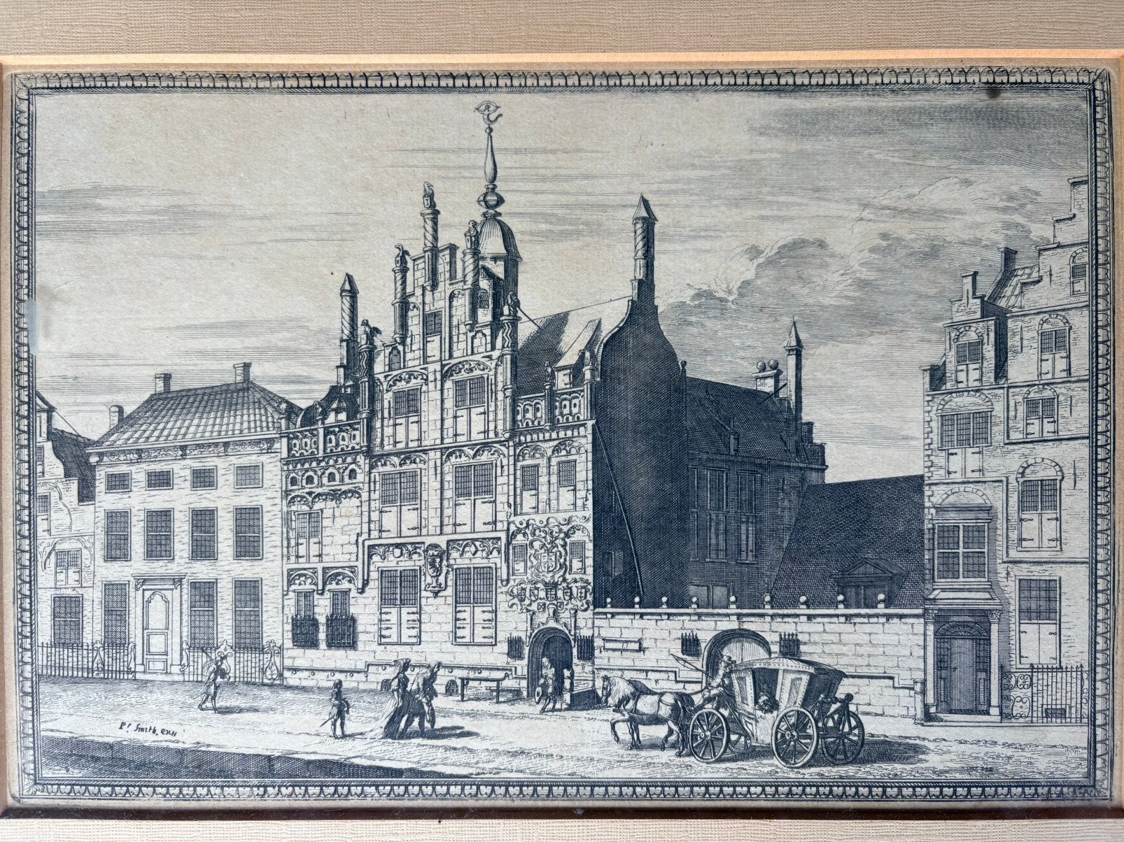 Gravure Gemeenlandts-huis van Delfland, 18 cm, Ets, Architectuur, 27 cm