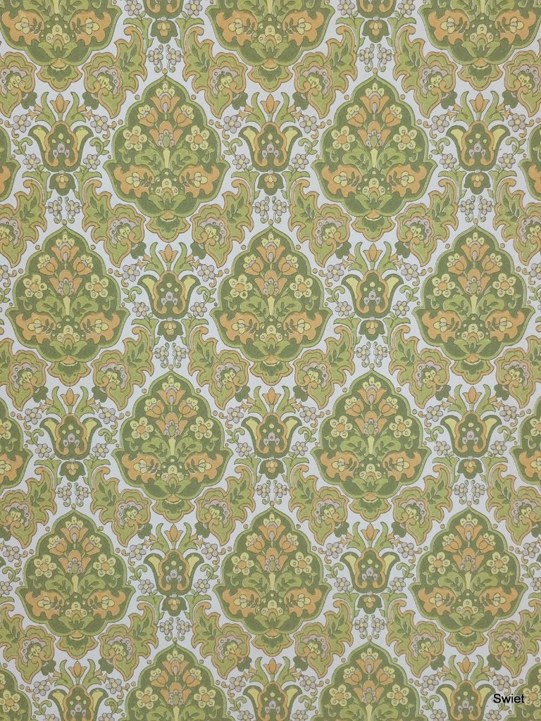 4949 behang groen oranje klassiek retro bloemen 70s swiet, Ophalen of Verzenden, Groen