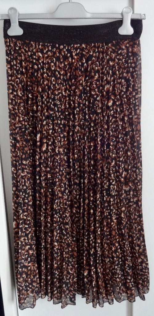 Lange plissé rok met leopard print zwart bruin beige S/M, Kleding | Dames, Maat 38/40 (M), Bruin, Ophalen of Verzenden, Zo goed als nieuw
