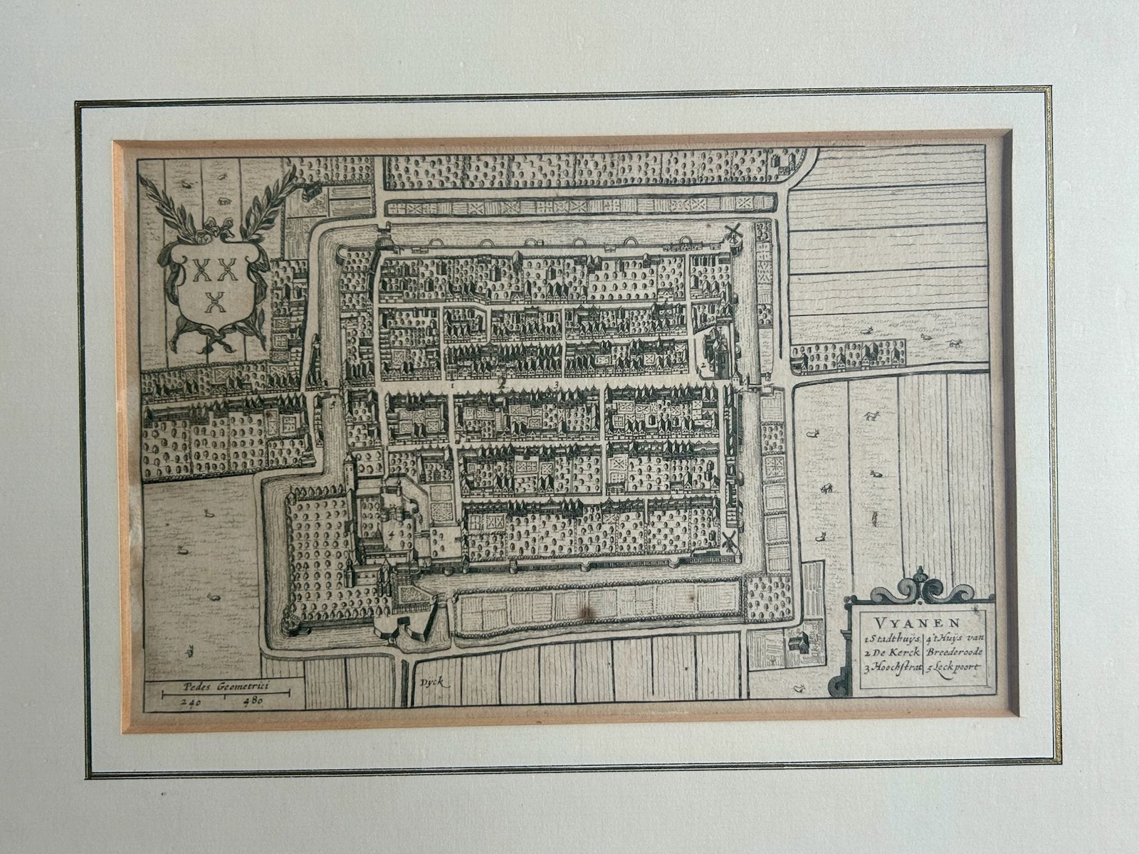 Antieke kopergravure, Vianen, Joan Blaeu ca. 1649, Ingelijst, Cartografie, Gravure, 23 cm, Met tekst
