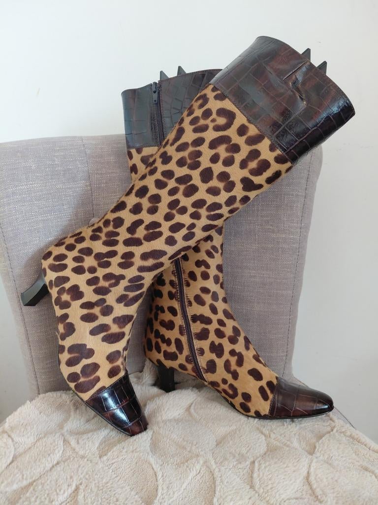 Prachtige laarzen met luipaardprint, maat 36, Kleding | Dames, Schoenen, Ophalen, Hoge laarzen, Bruin, Zo goed als nieuw