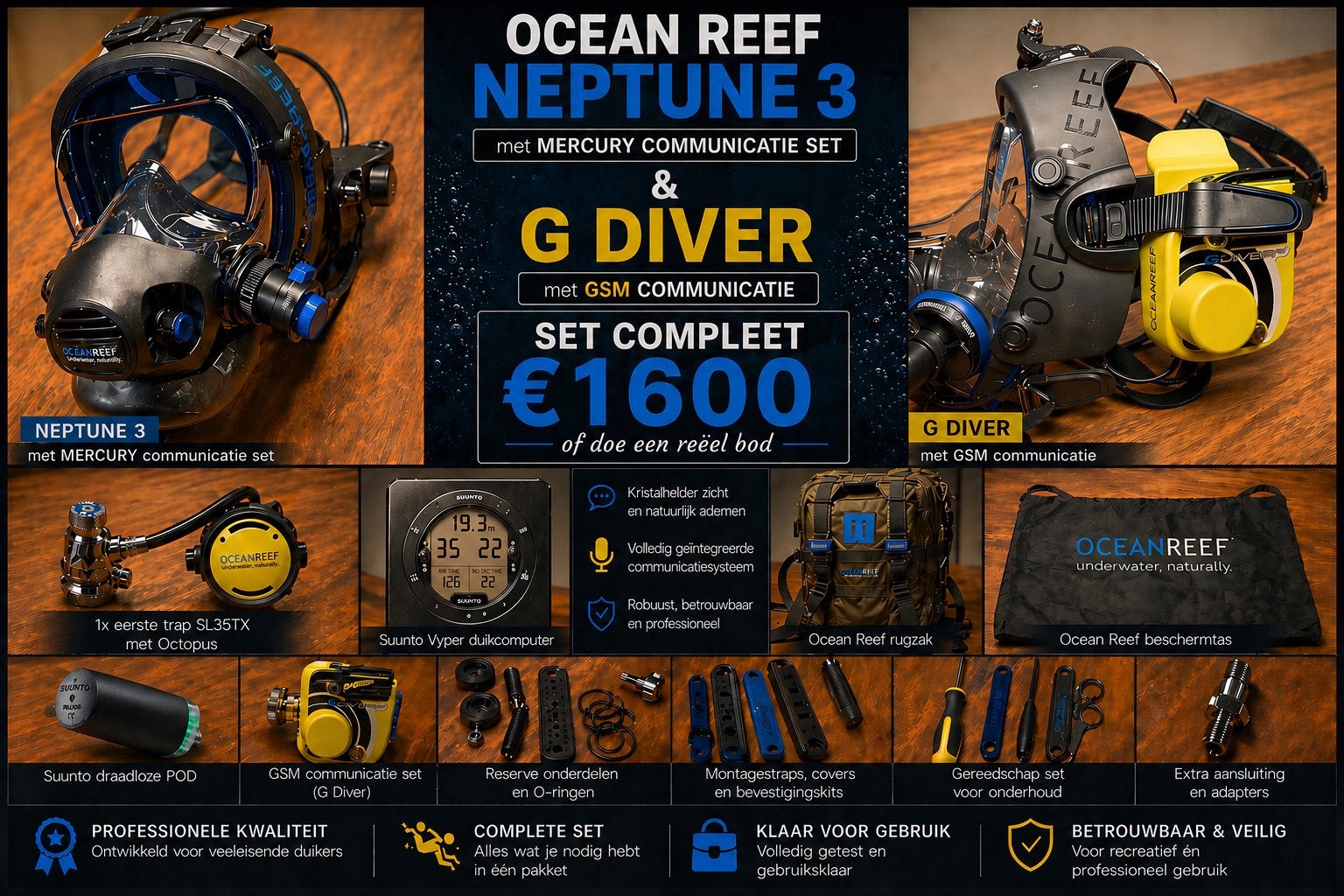 Ocean Reef Neptune 3 & G Diver, Ophalen of Verzenden, Zo goed als nieuw, Duikbril of Snorkel