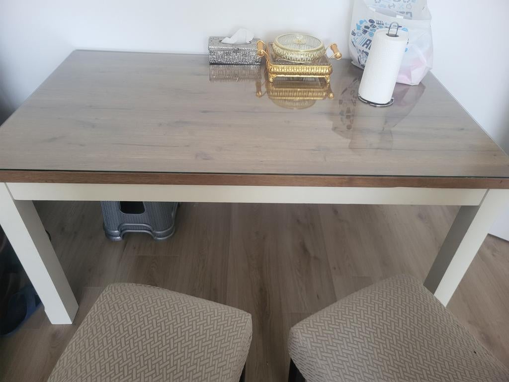 Prachtige eettafel met glasplaat! 160 lang, Gebruikt, 100 tot 150 cm, Glas, Tot twee personen