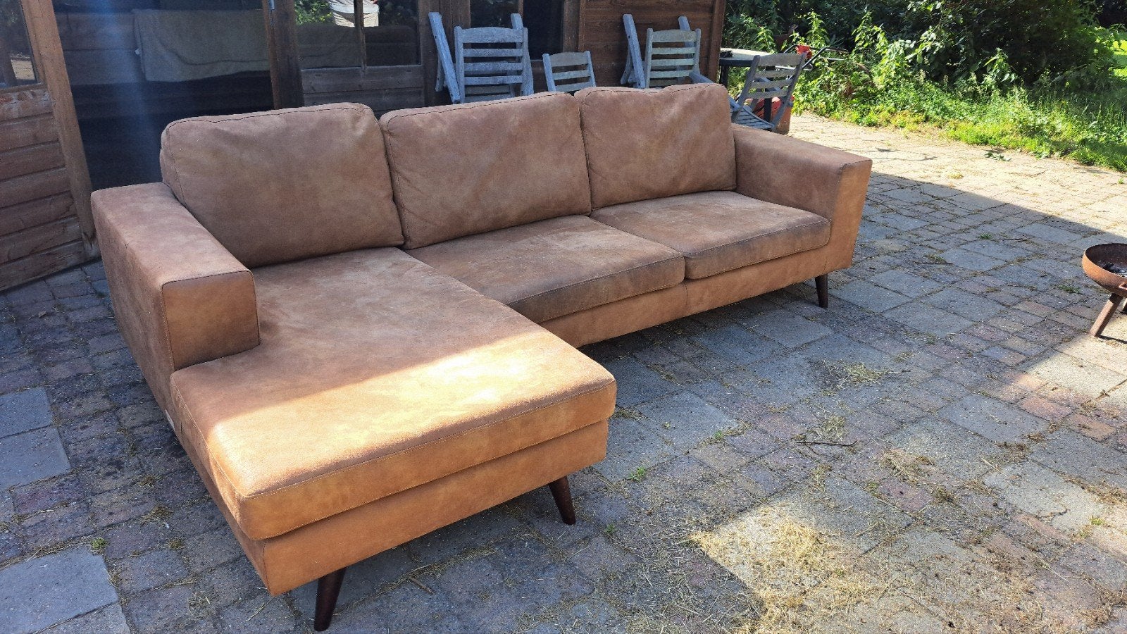 Comfortabele hoekbank met chaise longue - bruin, Huis en Inrichting, Banken | Bankstellen, 250 tot 300 cm, Gebruikt, 125 tot 150 cm