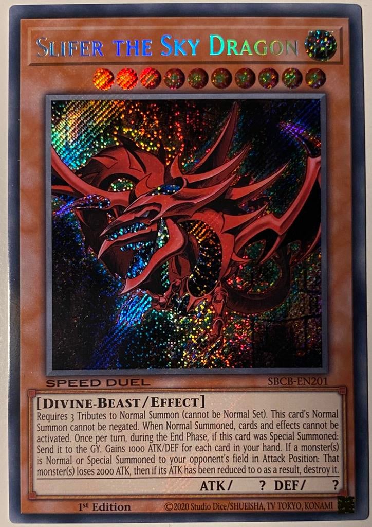 Yu-Gi-Oh! Slifer the Sky Dragon SBCB 1st Edition !, Ophalen of Verzenden, Zo goed als nieuw, Losse kaart, Foil