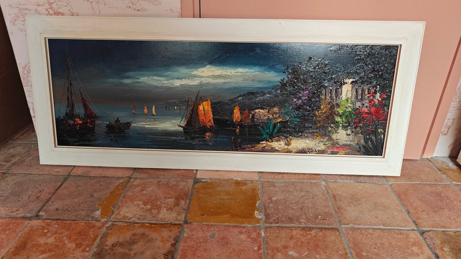 Schilderij Maritiem Landschap met Zeilboten en Kust, Ophalen