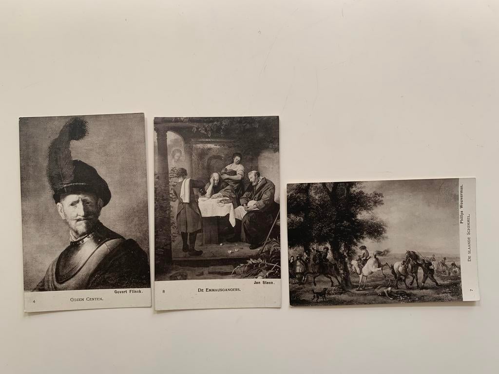 3 ansichtkaarten schilderijen Flinck, Jan Steen, Wouwerman, Ophalen of Verzenden, Ongelopen