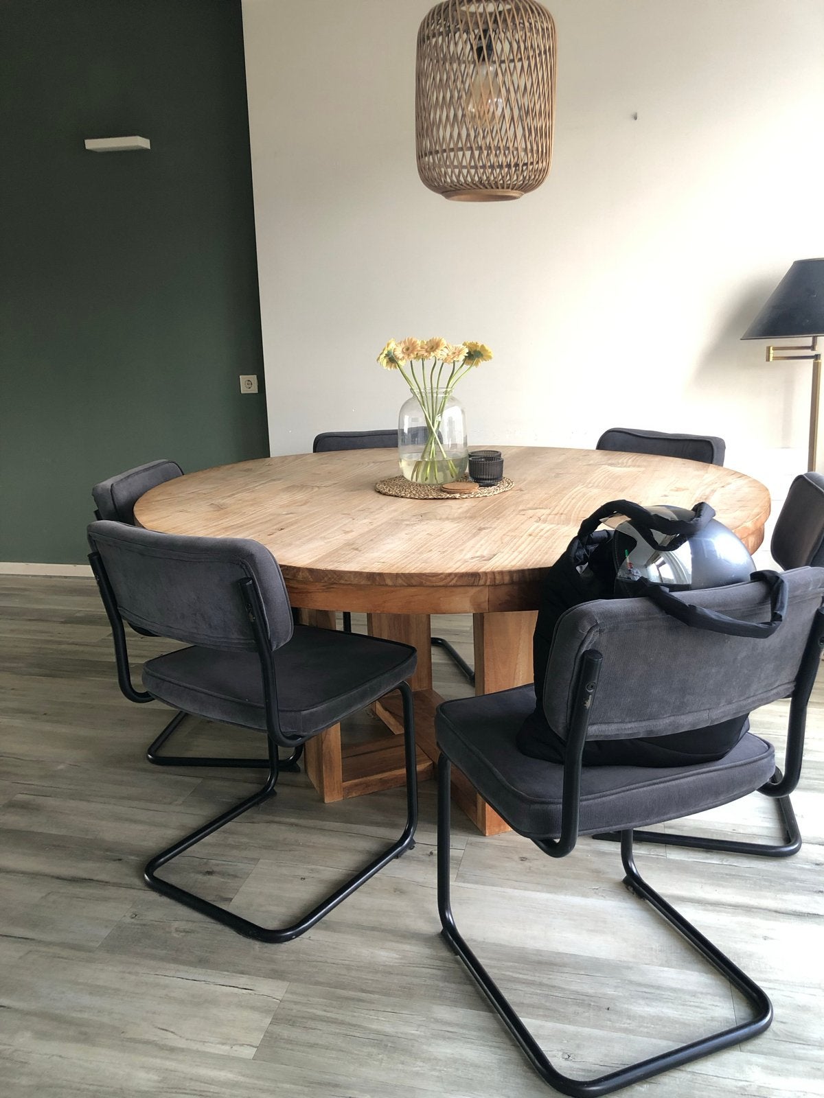 Grote ronde eettafel (160 cm) met 6 eetkamerstoelen, Ophalen, Gebruikt, 150 tot 200 cm, Rond