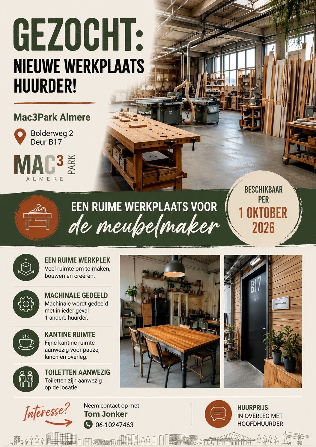 Werkplek voor meubelmaker/interieurbouwer in Almere, Werkplek, Ophalen, Gebruikt, Overige typen