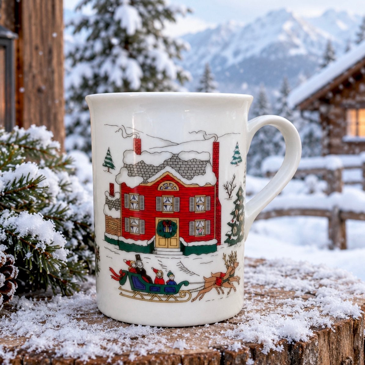 Set van 4 Vintage Mokken met Nostalgisch Wintertafereeltje, Overige merken, Klassiek, Zo goed als nieuw, Porselein