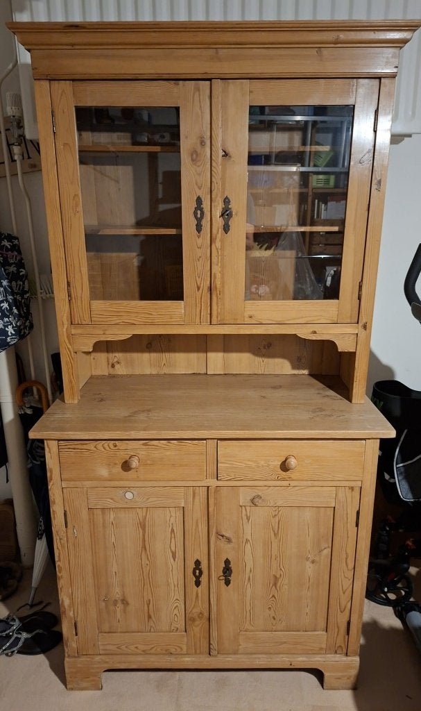 Vintage oud grenen vitrinekast, Ophalen, Gebruikt, Met lade(s), 50 tot 100 cm
