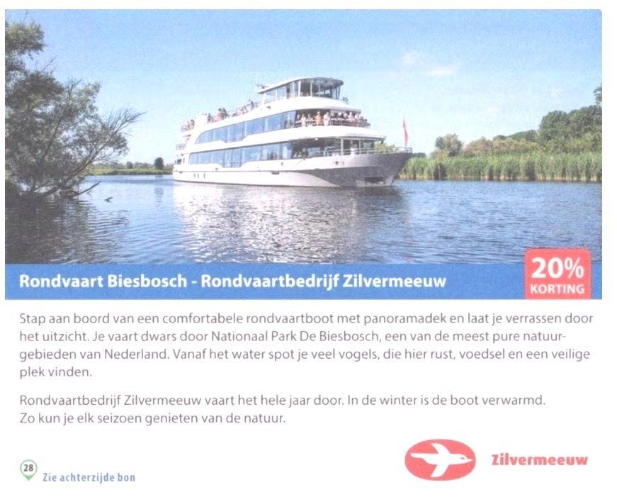 Rondvaart Biesbosch-Rondvaartbedrijf Zilvermeeuw 20% korting, Drie personen of meer, Kortingsbon, Overige typen
