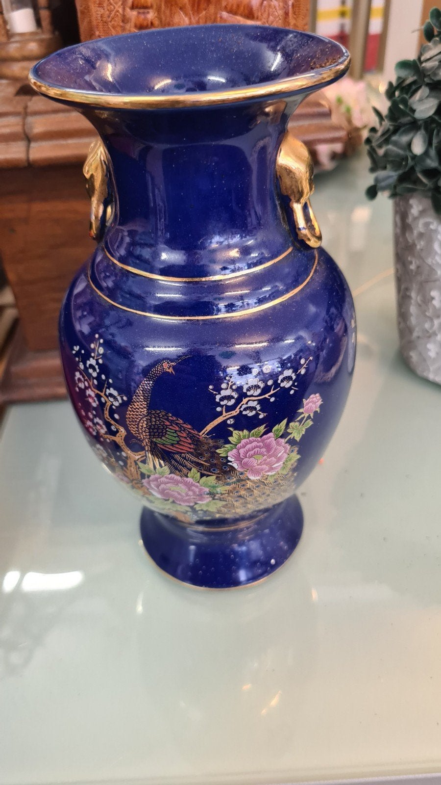 Mid-Century Japanse Yamaji Vaas Kobaltblauw Pauwdecor, Ophalen of Verzenden