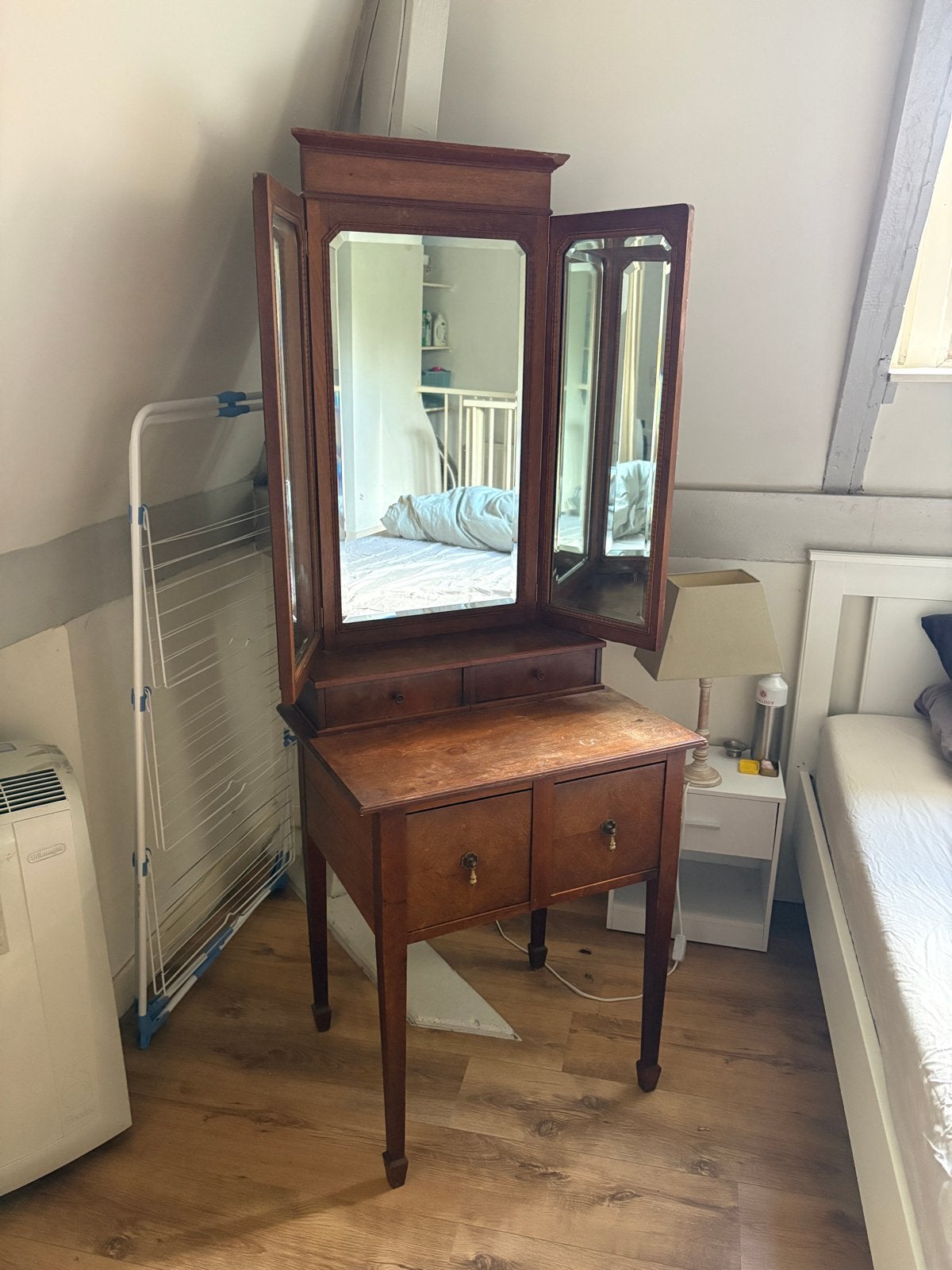 Antieke kaptafel met drieluik spiegel en lades, Antiek en Kunst, Ophalen