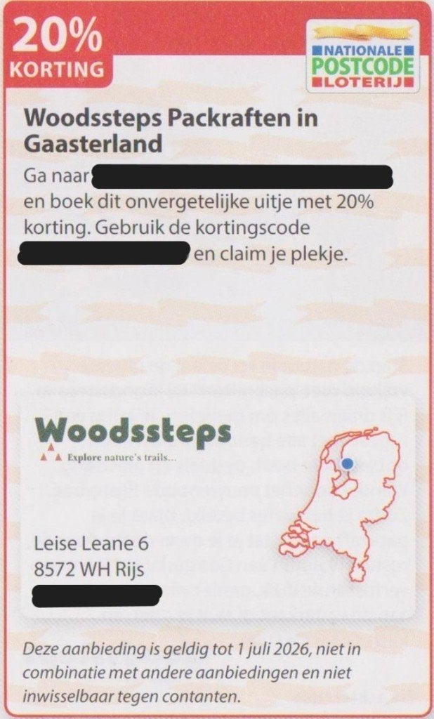 Woodsteps Packraften, Gaasterland. 20% korting. Postcode bon, Drie personen of meer, Kortingskaart