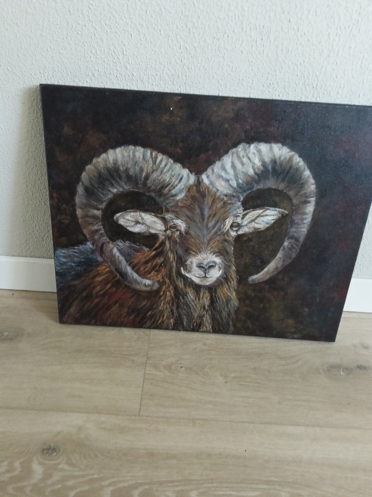 Schilderij Moeflon - Handgeschilderd op doek, Ophalen of Verzenden, Dieren, Handgeschilderd, Olieverf