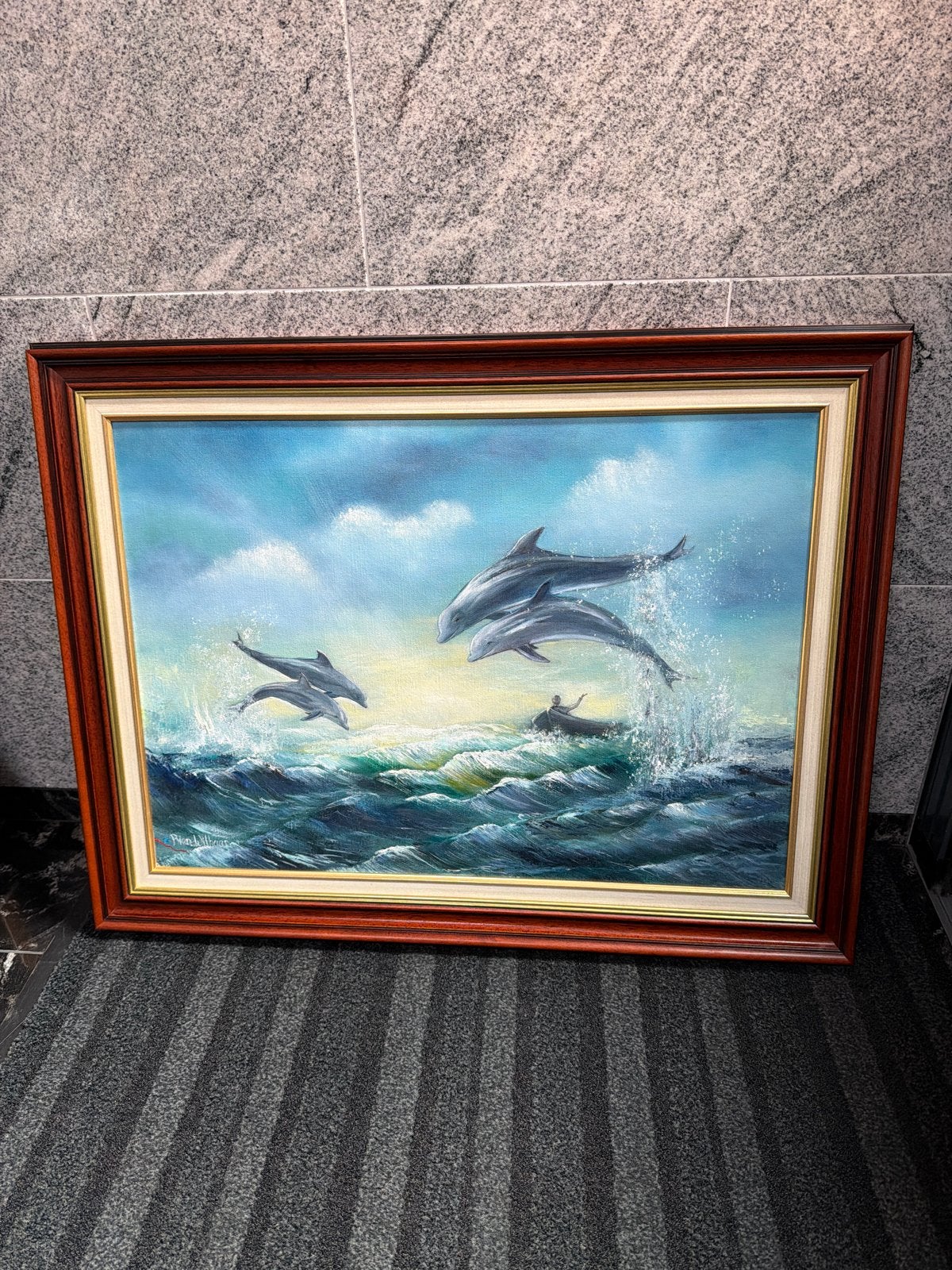 Groot orig. olieverfsch. 'Springende Dolfijnen' (84x64 cm), Antiek en Kunst, Kunst | Schilderijen | Klassiek, Ophalen, Doek, Realistisch